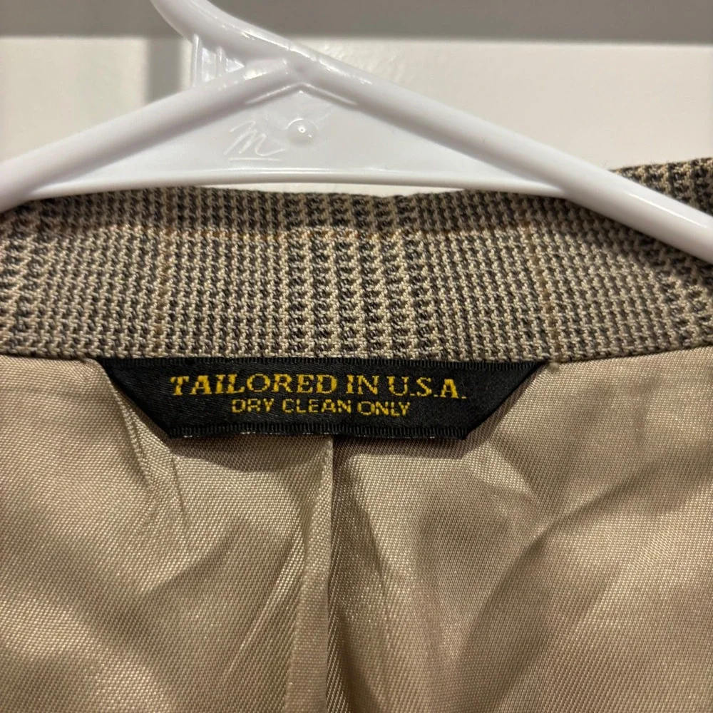Woolrich Mens 42L Glen Plaid Blazer Brown Tan Wool Sport Coat Tailored in USA